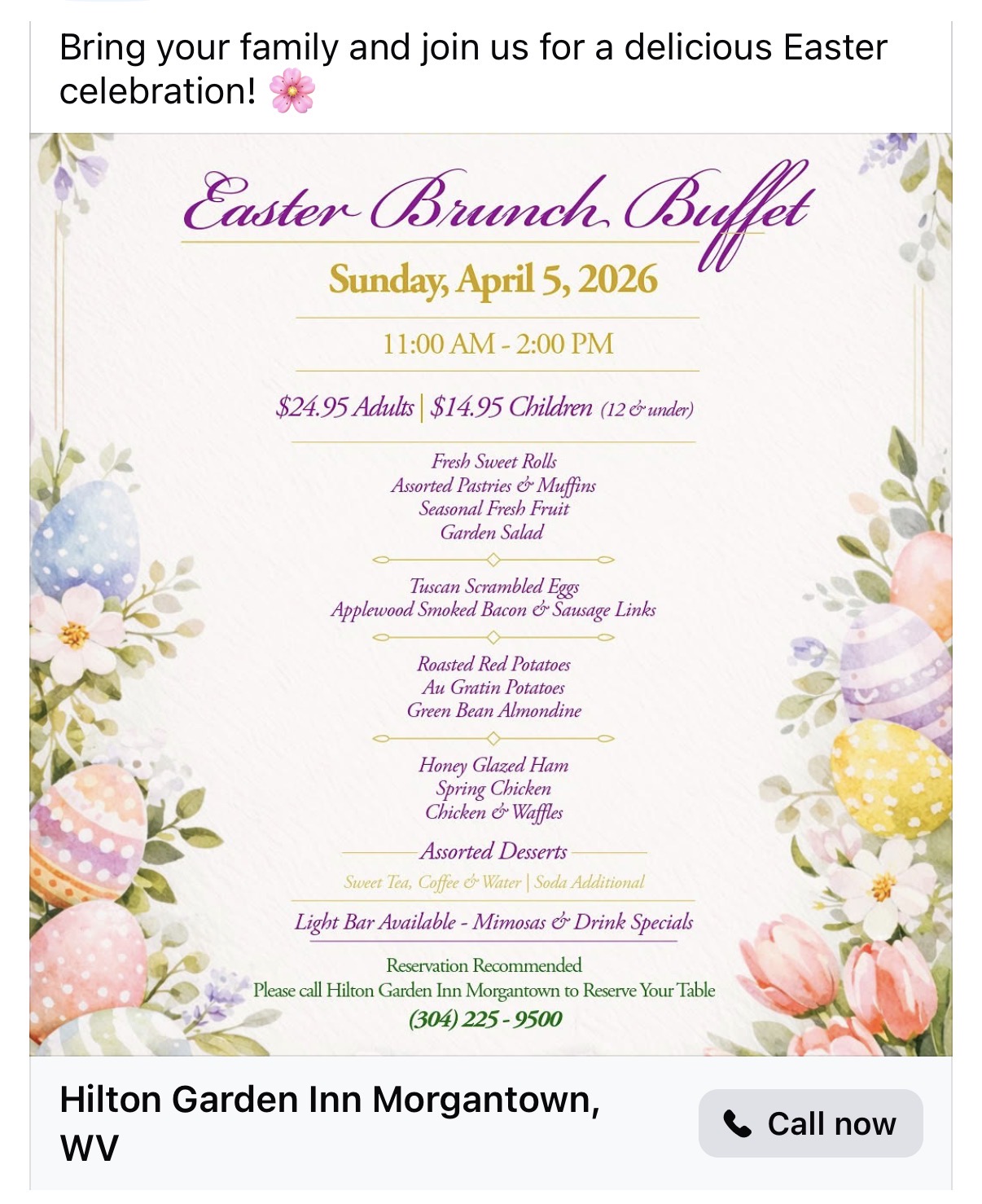 Easter Brunch with Easter Bunny at Hilton Garden Inn Morgantown